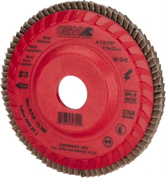 Camel Grinding Wheels - 40 Grit, 4-1/2" Disc Diam, 7/8" Center Hole, Type 27 Zirconia Alumina Flap Disc - 13,300 Max RPM, Poly Cotton Backing, Arbor Attaching System, Coated - Americas Industrial Supply