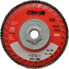 Camel Grinding Wheels - 60 Grit, 4-1/2" Disc Diam, 5/8-11 Center Hole, Type 27 Ceramic Flap Disc - 13,300 Max RPM, Polyester Backing, Arbor Attaching System, Coated - Americas Industrial Supply