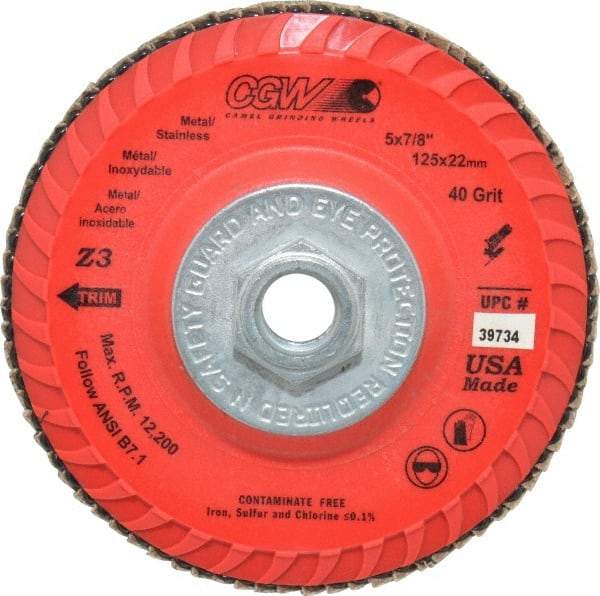 Camel Grinding Wheels - 40 Grit, 5" Disc Diam, 5/8-11 Center Hole, Type 27 Zirconia Alumina Flap Disc - 12,200 Max RPM, Poly Cotton Backing, Arbor Attaching System, Coated - Americas Industrial Supply
