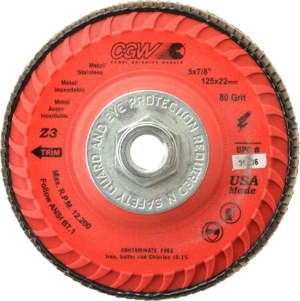 Camel Grinding Wheels - 80 Grit, 5" Disc Diam, 5/8-11 Center Hole, Type 27 Zirconia Alumina Flap Disc - 12,200 Max RPM, Poly Cotton Backing, Arbor Attaching System, Coated - Americas Industrial Supply