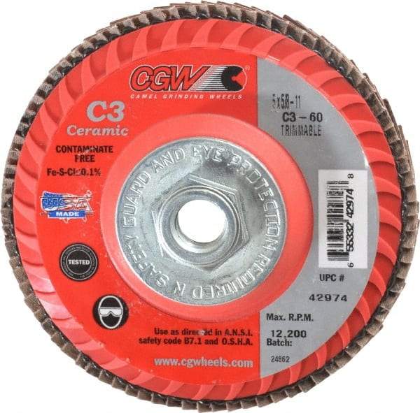 Camel Grinding Wheels - 60 Grit, 5" Disc Diam, 5/8-11 Center Hole, Type 27 Ceramic Flap Disc - 12,200 Max RPM, Polyester Backing, Arbor Attaching System, Coated - Americas Industrial Supply