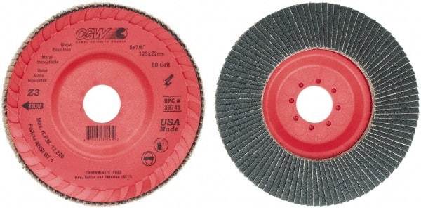 Camel Grinding Wheels - 80 Grit, 5" Disc Diam, 7/8" Center Hole, Type 27 Zirconia Alumina Flap Disc - 12,200 Max RPM, Poly Cotton Backing, Arbor Attaching System, Coated - Americas Industrial Supply