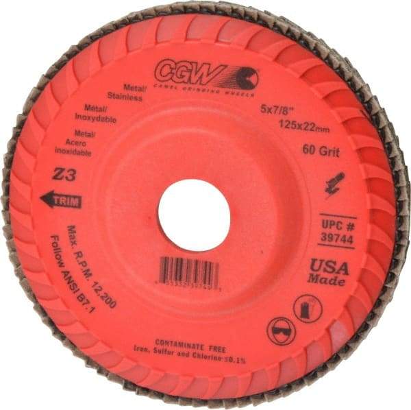 Camel Grinding Wheels - 60 Grit, 5" Disc Diam, 7/8" Center Hole, Type 27 Zirconia Alumina Flap Disc - 12,200 Max RPM, Poly Cotton Backing, Arbor Attaching System, Coated - Americas Industrial Supply