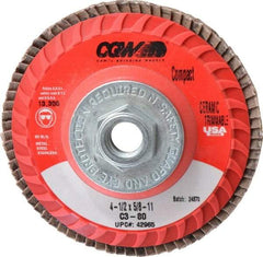Camel Grinding Wheels - 80 Grit, 4-1/2" Disc Diam, 5/8-11 Center Hole, Type 27 Ceramic Flap Disc - 13,300 Max RPM, Polyester Backing, Arbor Attaching System, Coated - Americas Industrial Supply
