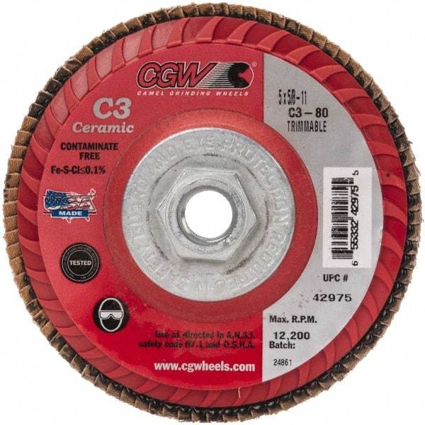 Camel Grinding Wheels - 80 Grit, 5" Disc Diam, 5/8-11 Center Hole, Type 27 Ceramic Flap Disc - 12,200 Max RPM, Polyester Backing, Arbor Attaching System, Coated - Americas Industrial Supply