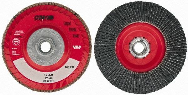 Camel Grinding Wheels - 60 Grit, 5" Disc Diam, 5/8-11 Center Hole, Type 27 Zirconia Alumina Flap Disc - 12,200 Max RPM, Poly Cotton Backing, Arbor Attaching System, Coated - Americas Industrial Supply