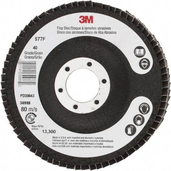 3M - 40 Grit, 4-1/2" Disc Diam, 7/8" Center Hole, Type 29 Zirconia Alumina Flap Disc - 13,300 Max RPM, Cloth Backing, Arbor Attaching System, Coated - Americas Industrial Supply
