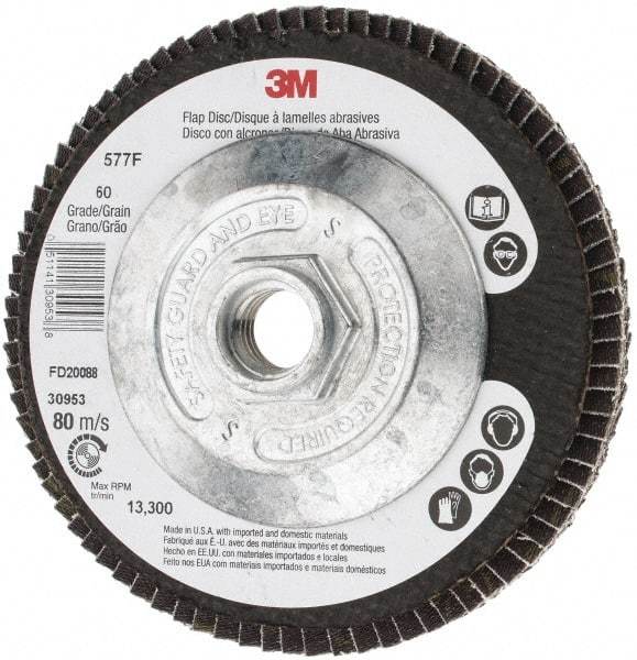 3M - 60 Grit, 4-1/2" Disc Diam, 5/8-11 Center Hole, Type 27 Zirconia Alumina Flap Disc - 13,300 Max RPM, Cloth Backing, Arbor Attaching System, Coated - Americas Industrial Supply