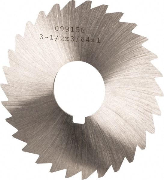 Made in USA - 3-1/2" Diam x 3/64" Blade Thickness x 1" Arbor Hole Diam, 34 Tooth Slitting and Slotting Saw - Arbor Connection, Right Hand, Uncoated, High Speed Steel, Concave Ground, Contains Keyway - Americas Industrial Supply