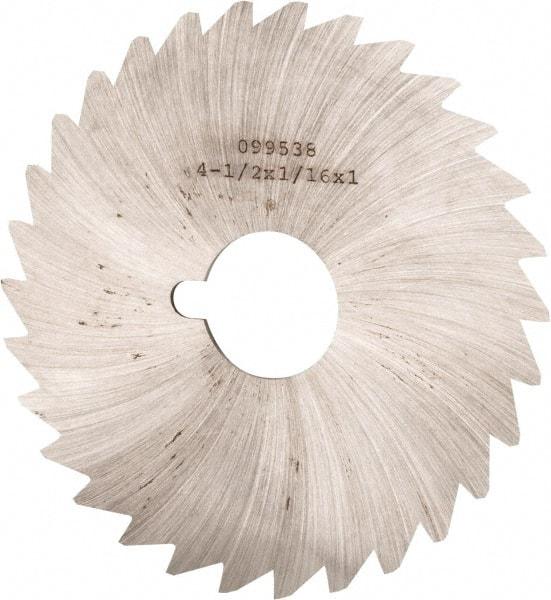 Made in USA - 4-1/2" Diam x 1/16" Blade Thickness x 1" Arbor Hole Diam, 40 Tooth Slitting and Slotting Saw - Arbor Connection, Right Hand, Uncoated, High Speed Steel, Concave Ground, Contains Keyway - Americas Industrial Supply