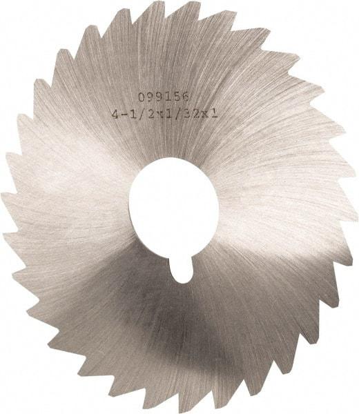 Made in USA - 4-1/2" Diam x 1/32" Blade Thickness x 1" Arbor Hole Diam, 36 Tooth Slitting and Slotting Saw - Arbor Connection, Right Hand, Uncoated, High Speed Steel, Concave Ground, Contains Keyway - Americas Industrial Supply