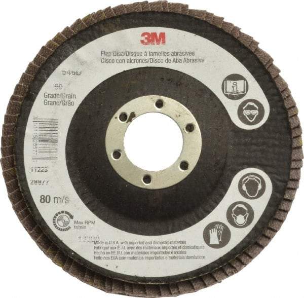 3M - 60 Grit, 4-1/2" Disc Diam, 7/8" Center Hole, Type 29 Zirconia Alumina Flap Disc - Cloth Backing, Arbor Attaching System, Coated - Americas Industrial Supply