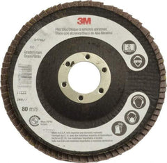 3M - 60 Grit, 4-1/2" Disc Diam, 7/8" Center Hole, Type 29 Zirconia Alumina Flap Disc - Cloth Backing, Arbor Attaching System, Coated - Americas Industrial Supply