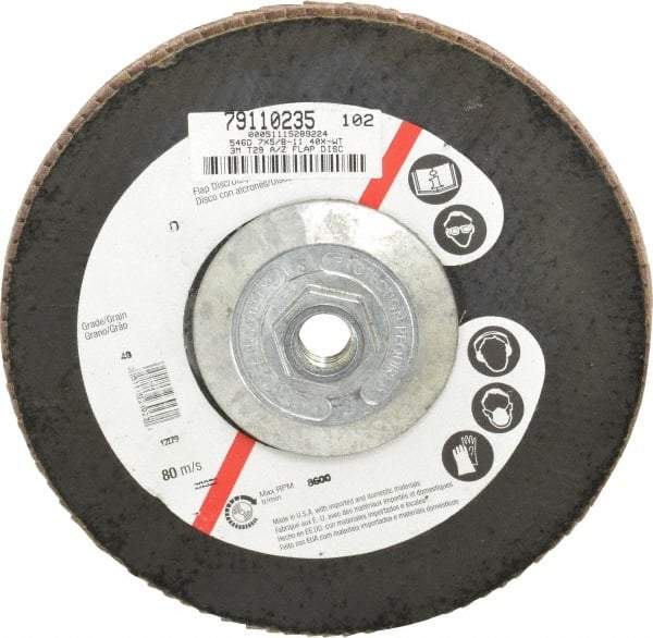 3M - 40 Grit, 7" Disc Diam, 5/8-11 Center Hole, Type 29 Zirconia Alumina Flap Disc - Cloth Backing, Arbor Attaching System, Coated - Americas Industrial Supply