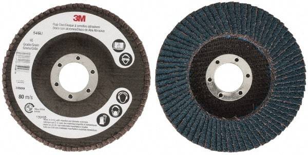 3M - 40 Grit, 4-1/2" Disc Diam, 7/8" Center Hole, Type 27 Zirconia Alumina Flap Disc - 13,300 Max RPM, Cloth Backing, Arbor Attaching System, Coated - Americas Industrial Supply