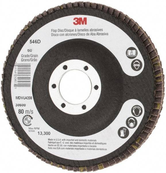 3M - 60 Grit, 4-1/2" Disc Diam, 7/8" Center Hole, Type 27 Zirconia Alumina Flap Disc - 13,300 Max RPM, Cloth Backing, Arbor Attaching System, Coated - Americas Industrial Supply
