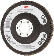 3M - 60 Grit, 4-1/2" Disc Diam, 7/8" Center Hole, Type 27 Zirconia Alumina Flap Disc - 13,300 Max RPM, Cloth Backing, Arbor Attaching System, Coated - Americas Industrial Supply