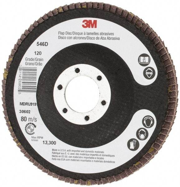 3M - 120 Grit, 4-1/2" Disc Diam, 7/8" Center Hole, Type 27 Zirconia Alumina Flap Disc - Cloth Backing, Arbor Attaching System, Coated - Americas Industrial Supply