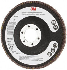 3M - 120 Grit, 4-1/2" Disc Diam, 7/8" Center Hole, Type 27 Zirconia Alumina Flap Disc - Cloth Backing, Arbor Attaching System, Coated - Americas Industrial Supply