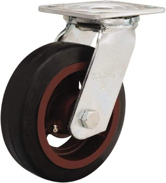 Hamilton - 6" Diam x 2" Wide x 7-1/2" OAH Top Plate Mount Swivel Caster - Rubber Mold on Cast Iron, 410 Lb Capacity, Straight Roller Bearing, 4 x 4-1/2" Plate - Americas Industrial Supply