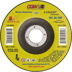 Camel Grinding Wheels - 36 Grit, 4-1/2" Wheel Diam, 3/32" Wheel Thickness, Type 27 Depressed Center Wheel - Medium Grade, Aluminum Oxide, Resinoid Bond, 13,300 Max RPM - Americas Industrial Supply