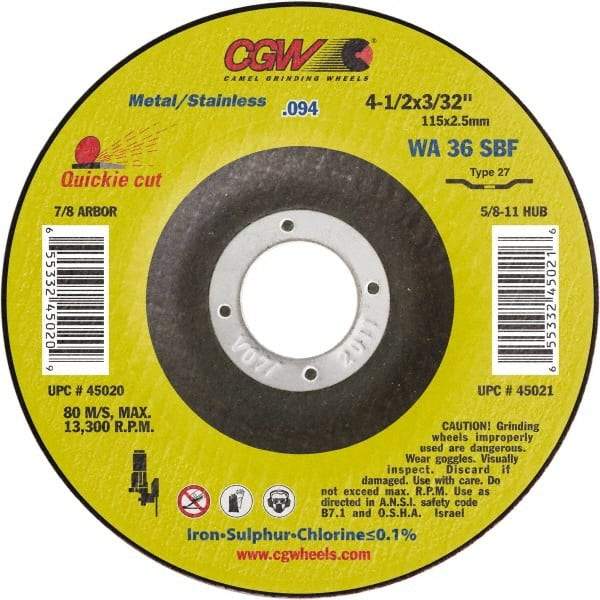 Camel Grinding Wheels - 4-1/2" 36 Grit Aluminum Oxide Cutoff Wheel - 3/32" Thick, 7/8" Arbor, 13,300 Max RPM - Americas Industrial Supply