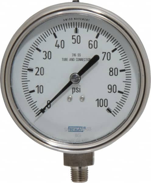 Wika - 4" Dial, 1/4 Thread, 0-100 Scale Range, Pressure Gauge - Lower Connection Mount, Accurate to 1% of Scale - Americas Industrial Supply