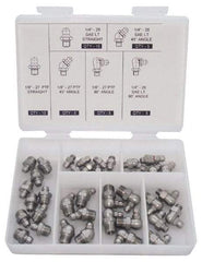 PRO-LUBE - 40 Piece, Inch, Box Plastic Stainless Steel Grease Fitting Set - Includes PTF, UNF Thread Types, Includes 1/4-28 SAE-LT: (10) Straight, (5) 45°, (5) 90°, 1/8-27 PTF: (10) Straight, (5) 45°, (5) 90° - Americas Industrial Supply