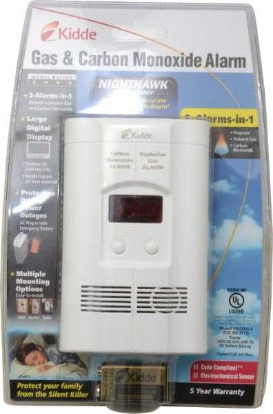 Kidde - 6.1 Inch Long x 3.8 Inch Wide, AC Plug In 120 Volt Carbon Monoxide and Explosive Gas Alarm - 85 dB Decibel Rating, 9V Battery Included, Indicating Light - Americas Industrial Supply