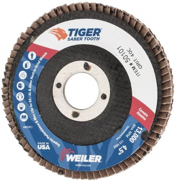 Weiler - 40 Grit, 4-1/2" Disc Diam, 7/8" Center Hole, Type 29 Ceramic Flap Disc - 13,000 Max RPM, Phenolic Backing, Arbor Attaching System, Coated - Americas Industrial Supply