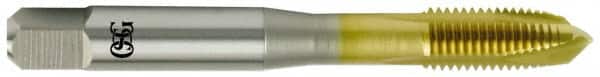 OSG - #8-32 UNC, 3 Flute, TiN Finish, Vanadium High Speed Steel Spiral Point Tap - Plug Chamfer, Right Hand Thread, 2-1/8" OAL, 3/4" Thread Length, Series 11015 - Exact Industrial Supply
