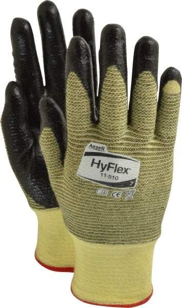 Ansell - Size S (7), ANSI Cut Lvl 2, Abrasion Lvl 3, Nitrile Coated Cut Resistant Gloves - Palm & Fingers Coated, Kevlar Lining, Knit Wrist, Black/Yellow, Paired - Americas Industrial Supply