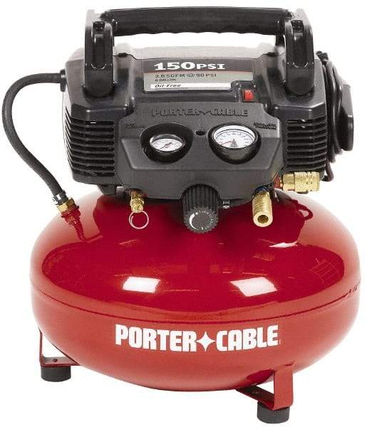 Porter-Cable - 0.8 HP, 2.6 CFM Pancake Electric Oil Free Compressor - 6 Gallon Tank, 10 Amp, 150 Max psi, 120V - Americas Industrial Supply