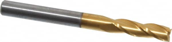 Atrax - 3/16", 5/8" LOC, 3/16" Shank Diam, 2" OAL, 3 Flute, Solid Carbide Square End Mill - Single End, TiN Finish, Spiral Flute, 30° Helix, Centercutting, Right Hand Cut - Americas Industrial Supply