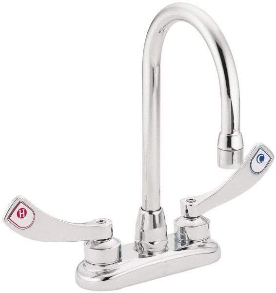 Moen - 2 Hole Mount, Spout Reach Commercial Faucet - Two Handle, Wrist Blade Handle, High Spout, No Drain - Americas Industrial Supply