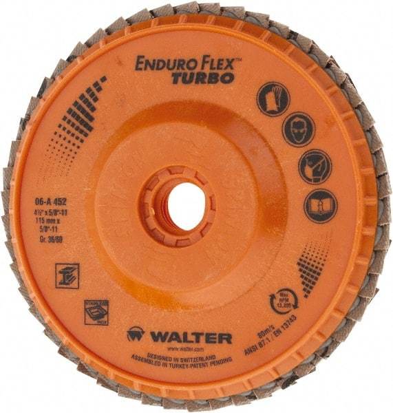 WALTER Surface Technologies - 36 Grit, 4-1/2" Disc Diam, 5/8-11 Center Hole, Type 29 Ceramic Flap Disc - 13,300 Max RPM, Plastic Backing, Arbor Attaching System, Coated - Americas Industrial Supply