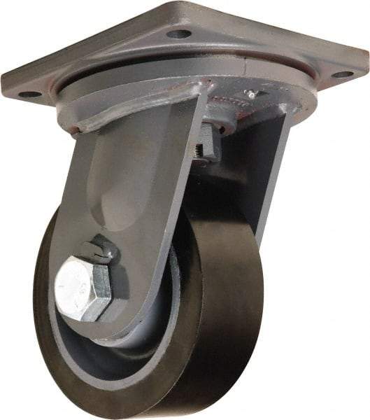 Hamilton - 8" Diam x 3" Wide x 11" OAH Top Plate Mount Swivel Caster - Polyurethane Mold on Forged Steel, 4,500 Lb Capacity, Tapered Roller Bearing, 8-1/2 x 8-1/2" Plate - Americas Industrial Supply