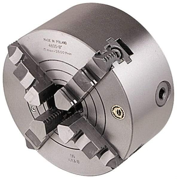 Bison - 4 Jaws, 8" Diam, Combination Independent & Self Centering Manual Lathe Chuck - Plain Back Mount Spindle, Reversible, 2,000 Max RPM, 2.17" Through Hole Diam, Cast Iron - Americas Industrial Supply