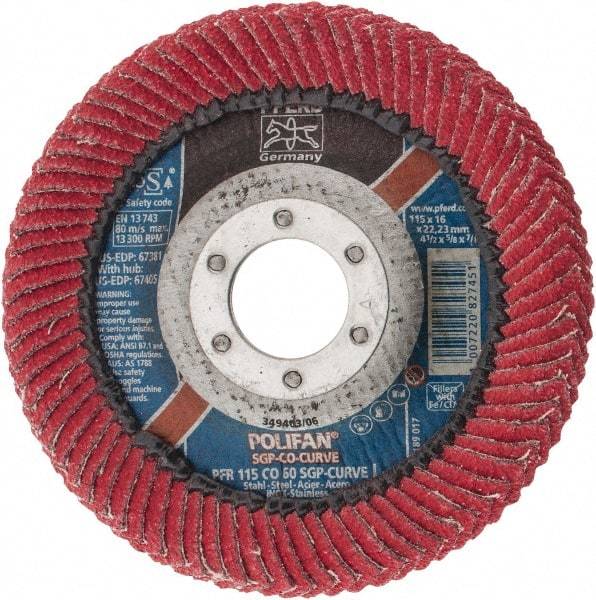 PFERD - 60 Grit, 4-1/2" Disc Diam, 7/8" Center Hole, Type 27 Ceramic Flap Disc - 13,300 Max RPM, Fiberglass Backing, Arbor Attaching System, Coated - Americas Industrial Supply