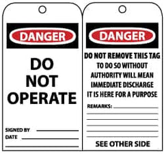 NMC - 3" High x 6" Long, DANGER - DO NOT OPERATE, English Safety & Facility Lockout Tag - Tag Header: Danger, 2 Sides, Black, Red & White Unrippable Vinyl - Americas Industrial Supply
