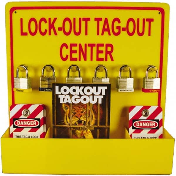 NMC - Equipped Acrylic Lockout Device and Tag Station - 16 Inch Wide x 16 Inch High, Red and Yellow - Americas Industrial Supply