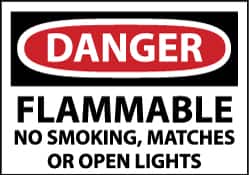 NMC - "Danger - Flammable - No Smoking, Matches or Open Lights", 10" Long x 14" Wide, Aluminum Safety Sign - Rectangle, 0.04" Thick, Use for Accident Prevention - Americas Industrial Supply