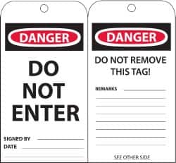 NMC - 3" High x 6" Long, DANGER - DO NOT ENTER, English Safety & Facility Accident Prevention Tag - Tag Header: Danger, 2 Sides, Black, Red & White Unrippable Vinyl - Americas Industrial Supply