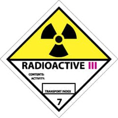 NMC - Accident Prevention Label - Legend: Radioactive III Contents: Activity: Transport Index, English, Black, Yellow, Pink & White, 4" Long x 4" High, Sign Muscle Finish - Americas Industrial Supply