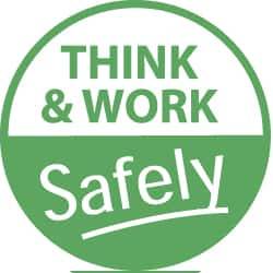 NMC - Think and Work Safely, Hard Hat Label - White on Green, 2" Thick, For Accident Prevention - Americas Industrial Supply