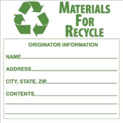 NMC - Hazardous Materials Label - Legend: Materials for Recycle - Originator Information - Name _____, Address _____, City, State, Zip _____, Contents _______, English, Green & White, 6" Long x 6" High, Sign Muscle Finish - Americas Industrial Supply