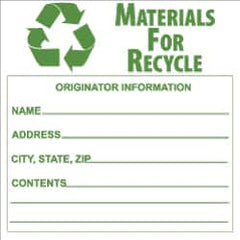 NMC - Hazardous Materials Label - Legend: Materials for Recycle - Originator Information - Name _____, Address _____, City, State, Zip _____, Contents _______, English, Green & White, 6" Long x 6" High, Sign Muscle Finish - Americas Industrial Supply