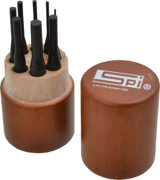 SPI - 8 Piece, 1/16 to 5/16", Pin Punch Set - Round Shank, Comes in Custom Wood Case - Americas Industrial Supply