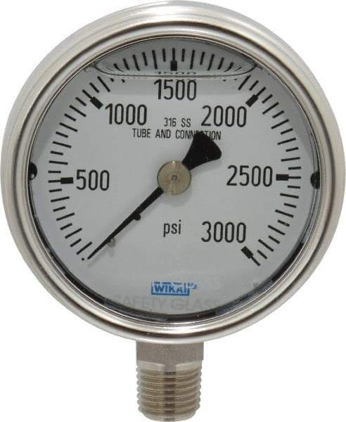 Wika - 2-1/2" Dial, 1/4 Thread, 0-3,000 Scale Range, Pressure Gauge - Lower Connection Mount, Accurate to 2-1-2% of Scale - Americas Industrial Supply