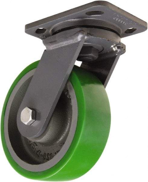 Hamilton - 6" Diam x 2" Wide x 7-1/2" OAH Top Plate Mount Swivel Caster - Polyurethane Mold onto Cast Iron Center, 1,200 Lb Capacity, Tapered Roller Bearing, 4 x 5" Plate - Americas Industrial Supply